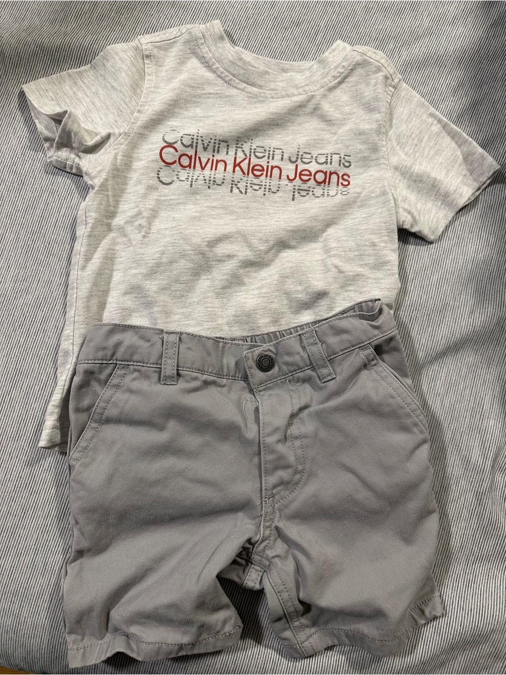 Calvin Klein Jeans Heather Gray Tee with Red Logo & Gray Shorts